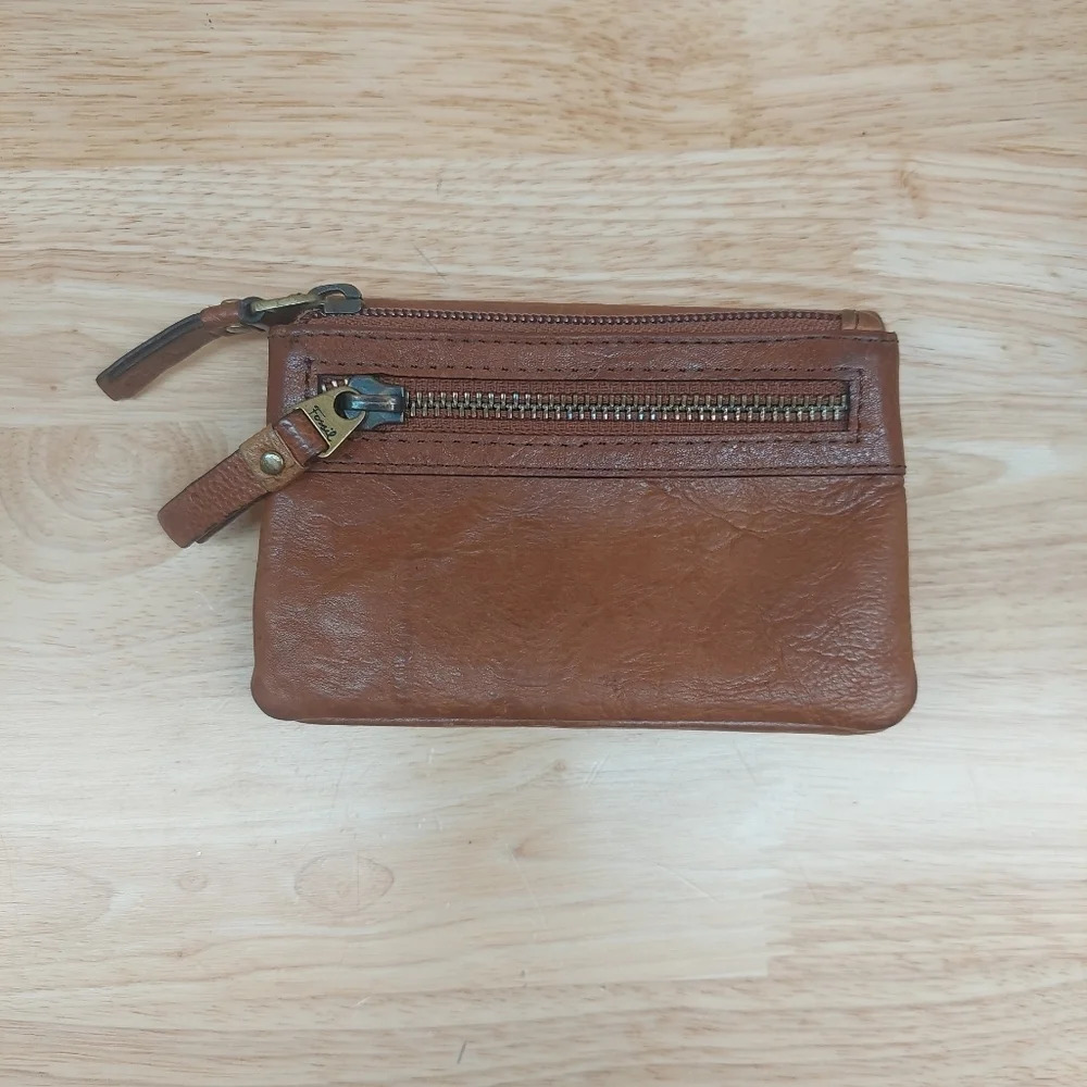 Fossil double zipper Pebbled Brown Leather wallet vintage